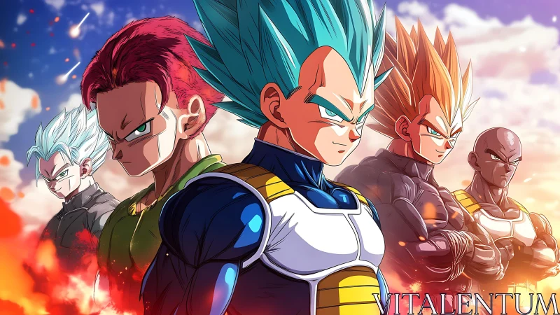 Stormbright warriors align under burning anime skies.