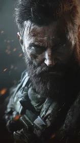 Battle-hardened soldier stares downward in dramatic close-up