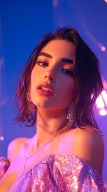 Neon-lit close-up portrait renders glossy skin and sequined fabric