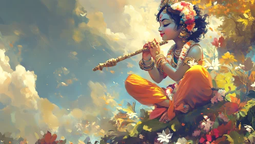 Digital painting of serene flute player amid celestial flora.