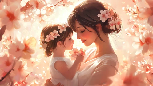 Digital painting rendering showcasing maternal figure with child in luminous floral environment.