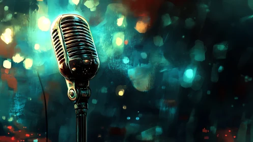 Velvet-stage vintage microphone in neon bokeh dreamlight.