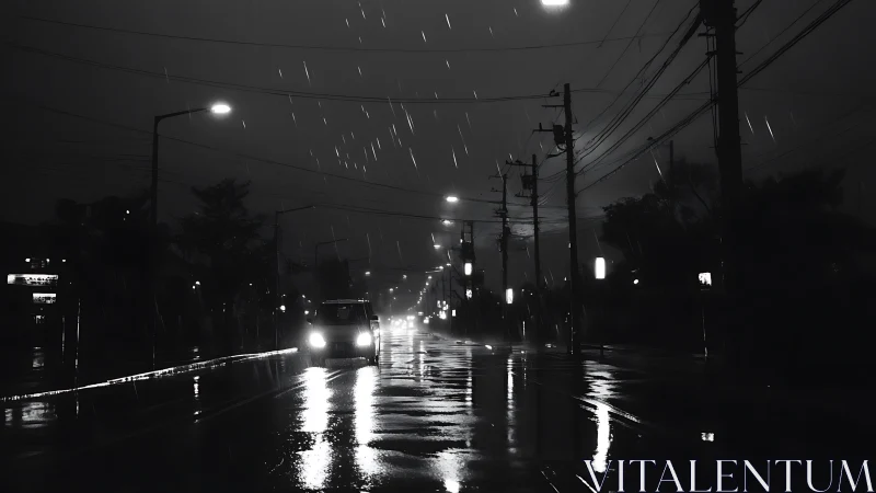 Monochrome nocturnal streetscape with reflective rain-slick asphalt.