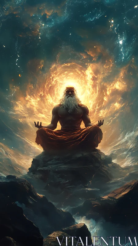 Cosmic sage meditating in a glowing storm of starlight.