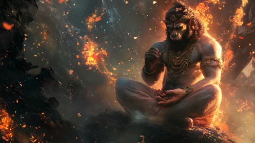 Fire-lit simian sage in molten mountain meditation glow.