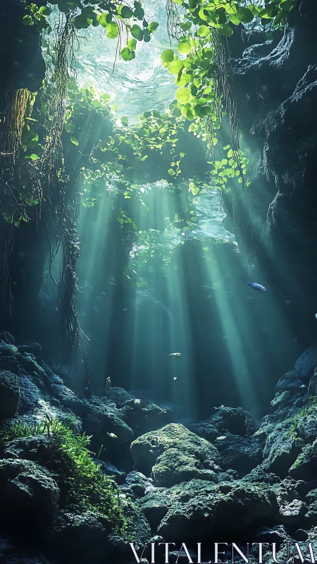 Sunbeams penetrate submerged cavern, illuminating aquatic flora