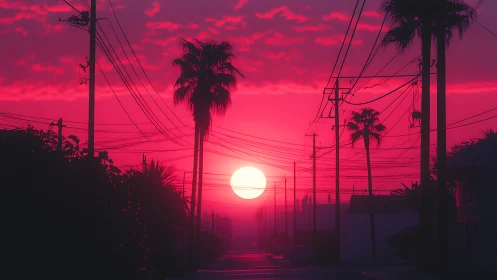 Neon pink sunset over palm lined power line street.