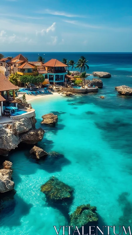 Cliffside Caribbean resort overlooks turquoise coral lagoon.