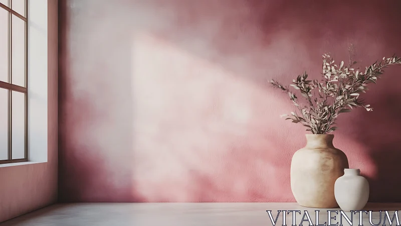 Sunlit ceramic vases against textured rose wall with soft shadows