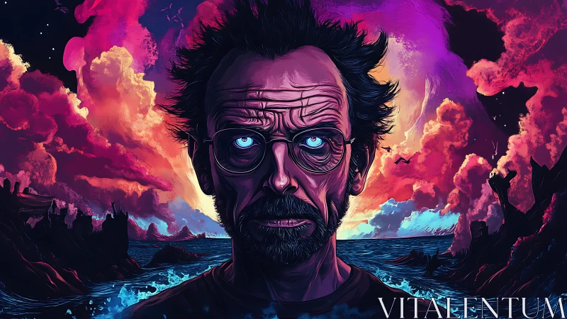 Intense older man portrait before vivid stormy seascape