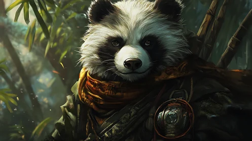 Gentle panda adventurer pausing in a sunlit forest glade.
