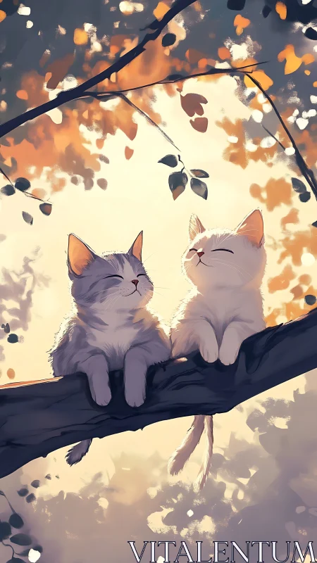 Two Cats Perched on Branch Against Golden Autumn Foliage