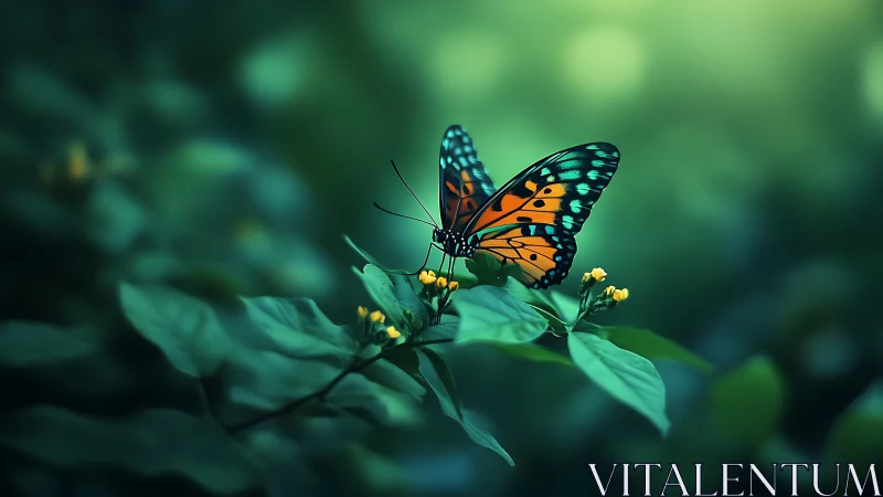 Shallow-depth macro isolates vivid orange butterfly on green foliage