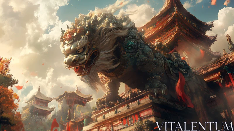 Colossal guardian lion overlooking blazing imperial temple.