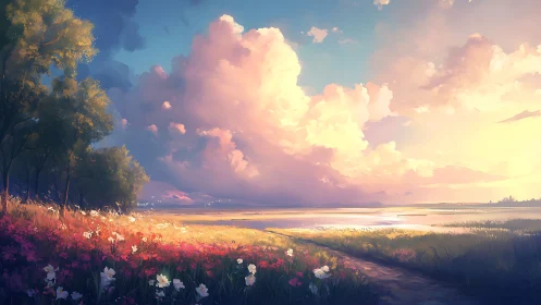 Sunlit meadow path under luminous sunset cloudscape.