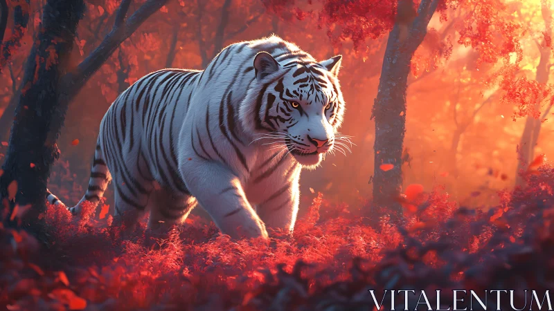 White tiger moving through dense red forest at sunset.