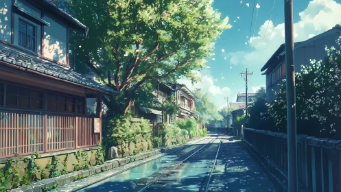 Sunlit village street with quiet rails and drifting blossoms.