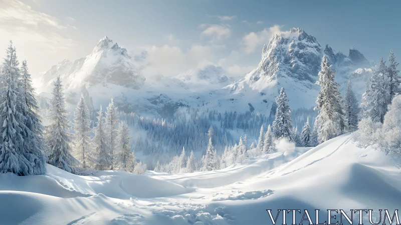 Winter alpine peaks over pristine sunlit snowfields.