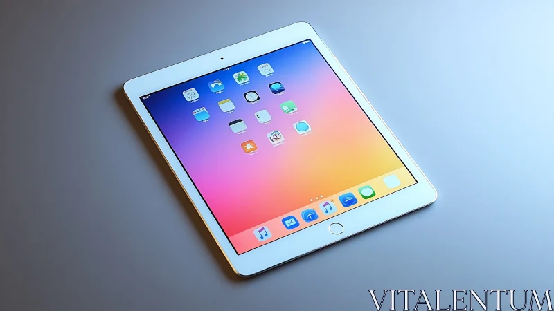 White iPad displaying colorful gradient wallpaper with iOS app icons