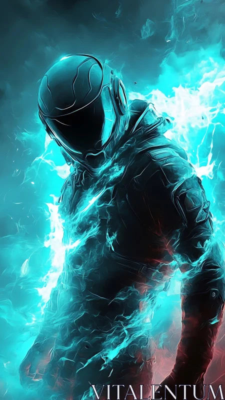 Armored futuristic figure stands engulfed in blue energy