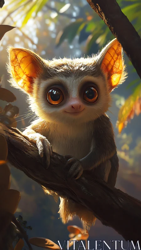 Gentle big-eyed forest creature enjoys a golden sunlit perch