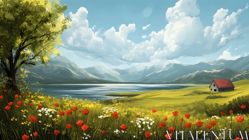 Lakeside alpine meadow with red-roof cabin in digital bloomscape.