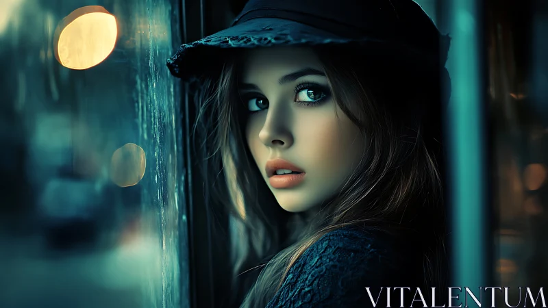 Soft city lights framing a thoughtful girl at the window.