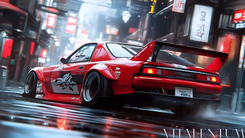 Red tuned sports car on wet neon city street at night.