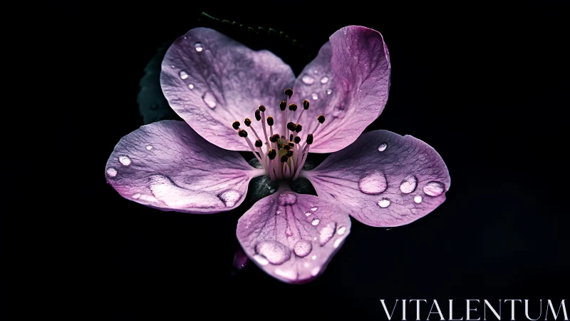 Purple Flower Petals Suspended in Water Droplets. Dark Backdrop.