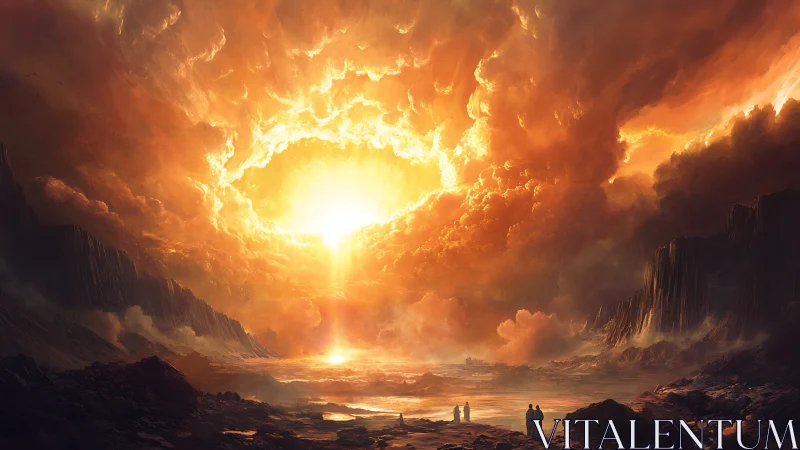 Apocalyptic sunstorm tears burning sky above ruined shore.