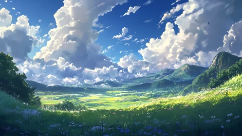 Wide valley landscape under cumulus cloud formations.