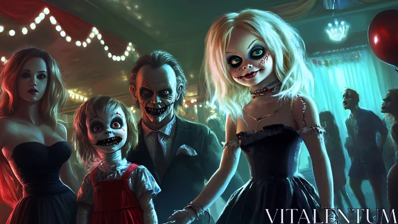 Sinister dolls dominate neon ballroom horror party scene