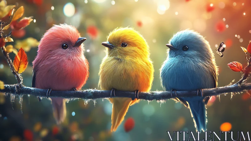 Three Colorful Birds on Branch in Soft Dreamlike Illustration.