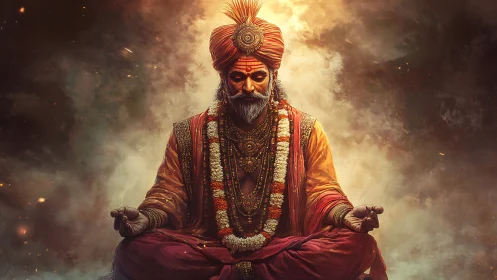 Meditating elder ascetic in detailed orange robes and garlands