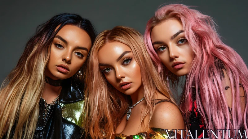 Photorealistic trio portrait with bold pastel hair styling.