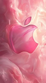 Pink glass apple emblem over swirling satin backdrop.