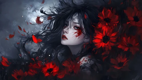 Scarlet flowers surround a haunted, bloodstained gaze in dusk.