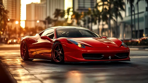 Red supercar glows under golden city sunset reflections.