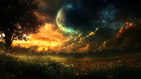 Twilight meadow listens quietly as a colossal moon awakens