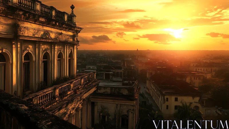 Sunlit colonial rooftop over weathered historic district at dusk.