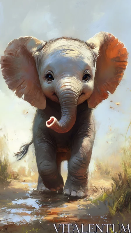 Playful baby elephant trotting through sunlit puddles.