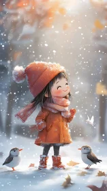Child in orange winter clothing stands in light snowfall