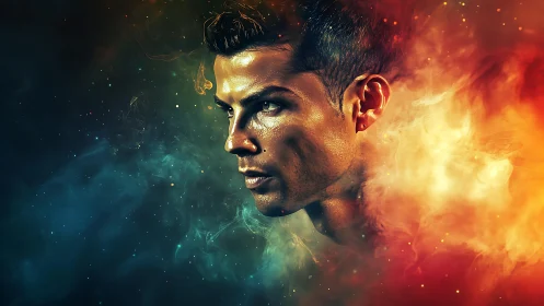 Fiery portrait drifting between cool stardust and embers.