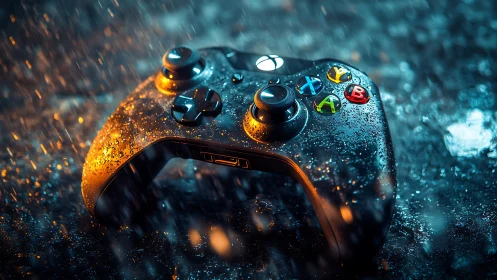 Gaming Controller in Stormy Fire and Water Drama.