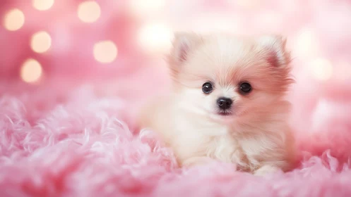 Fluffy cream Pomeranian puppy on pink bokeh fur backdrop.