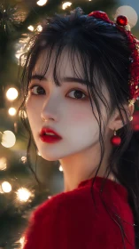 Moonlit gaze in crimson velvet beside whispered winter lights.