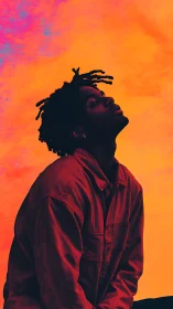 Sunset-lit daydreamer framed by glowing neon clouds.