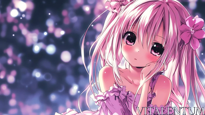 Soft-lit anime girl rests in dreamy pastel bokeh glow