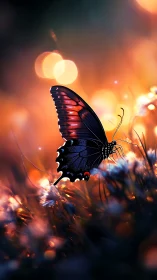 Butterfly in glowing bokeh meadow at radiant sunset light.