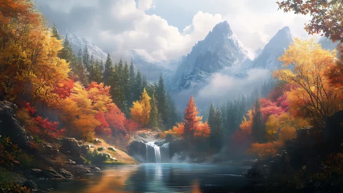 Autumn valley lake beneath misty snowcapped peaks panorama.